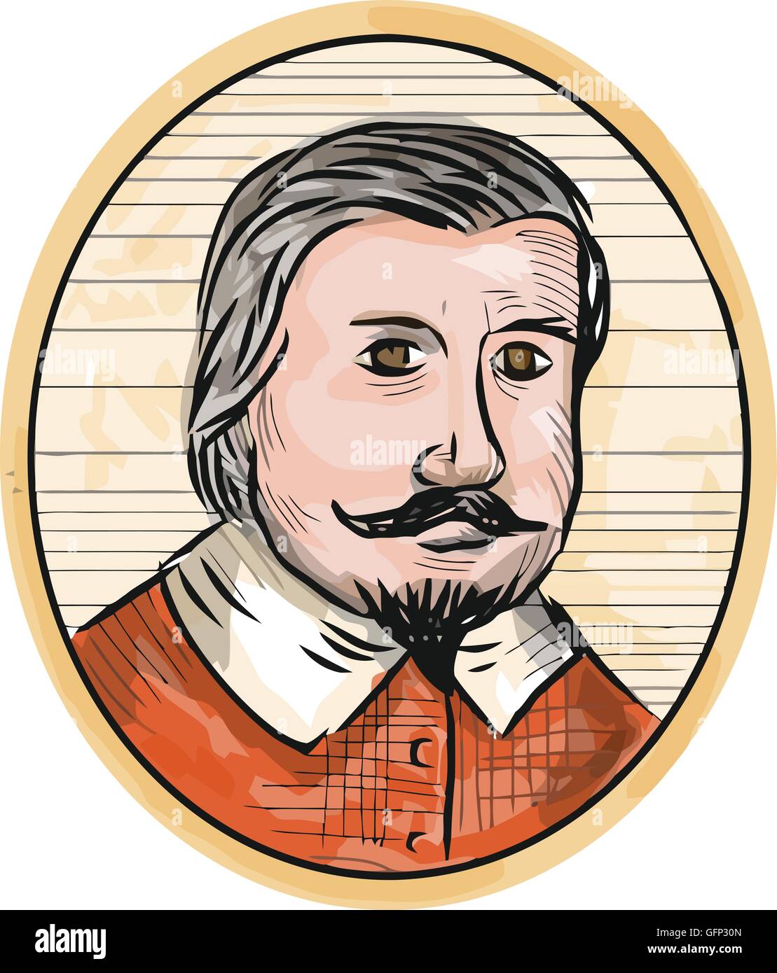 Darstellung eines mittelalterlichen adeligen Herren mit Bart und Schnurrbart mit Blick auf die vordere Reihe in ovaler Form in Retro-Holzschnitt Stil getan. Stock Vektor