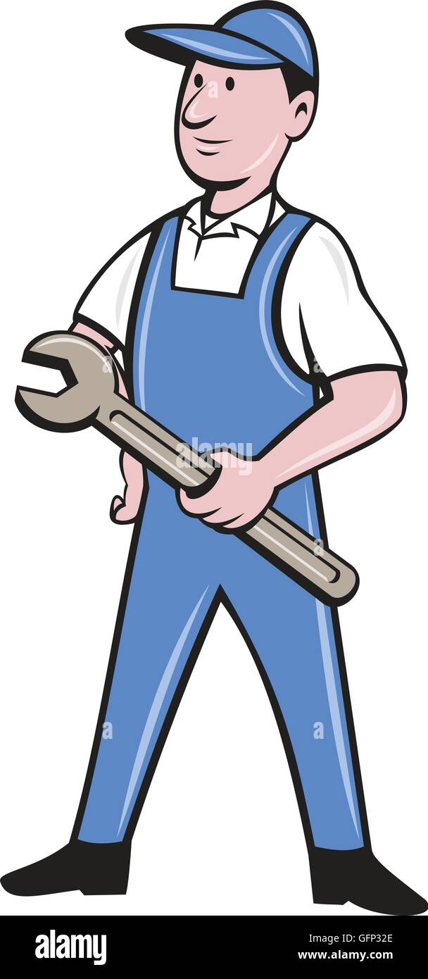 Beispiel für ein Handwerker Handwerker Arbeiter stehend tragen Hut und Overalls mit Schraubenschlüssel Schraubenschlüssel auf der Seite angezeigt Stock Vektor