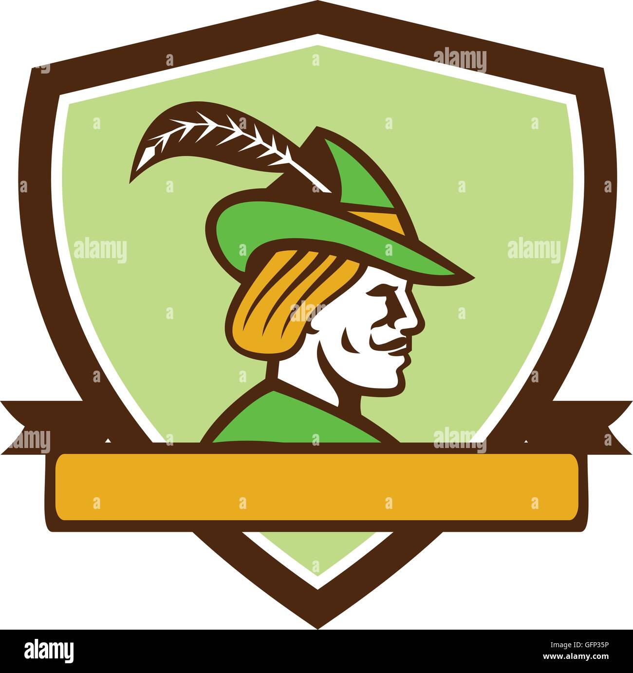 Beispiel für ein Robin Hood Mittelalter Hut mit einem Spitzen Krempe und Feder aus Seite Satz innen Schild Wappen mit betrachtet Stock Vektor
