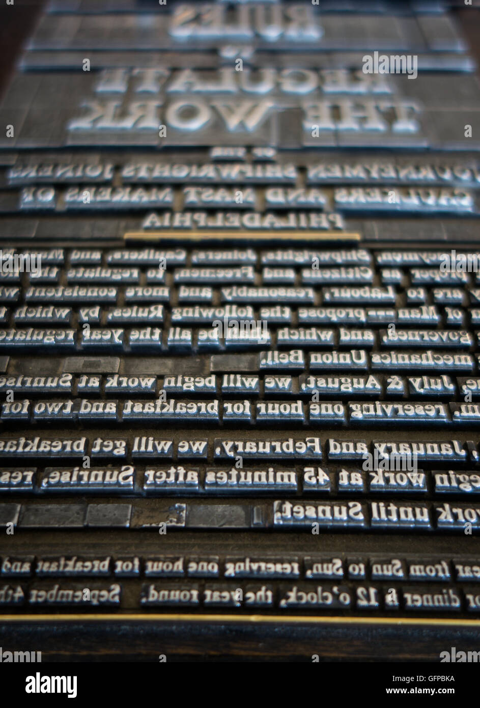 Metall-Typen für den Satz in der Druckerei an der Mystic Seaport Museum, Mystic, Connecticut, USA Stockfoto