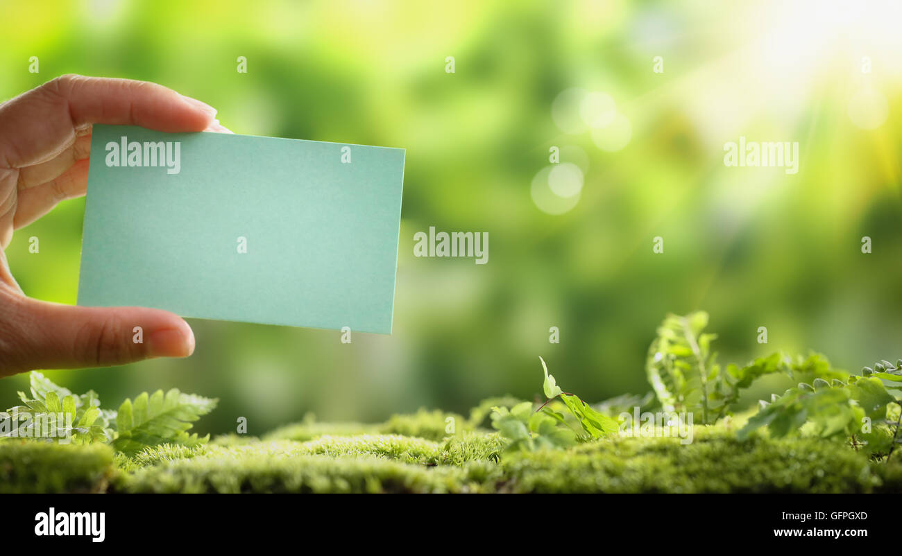 Hand mit leerem Papierkarte auf Natur Hintergrund Stockfoto