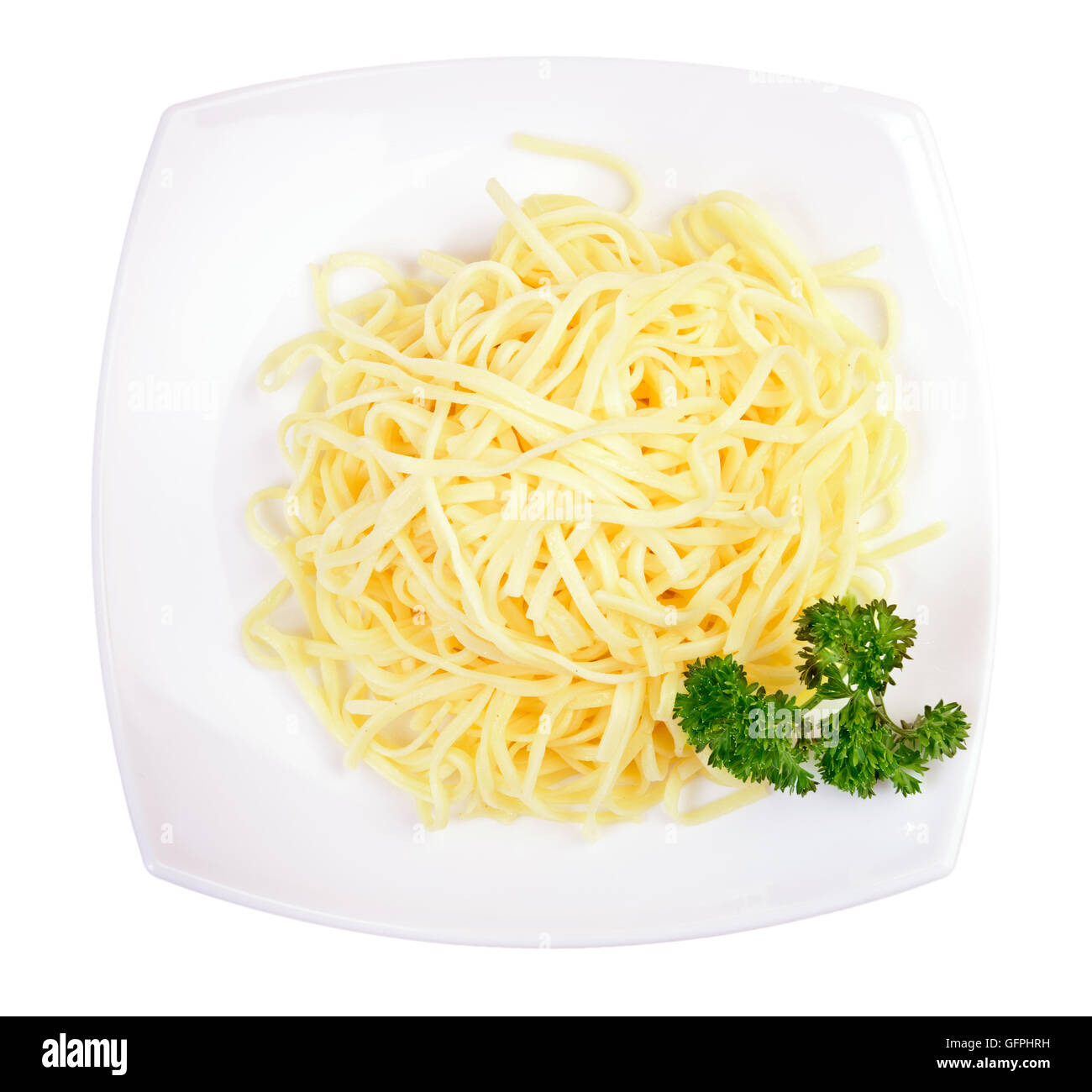 Ein Teller Spaghetti Pasta isoliert auf weißem Hintergrund Stockfoto