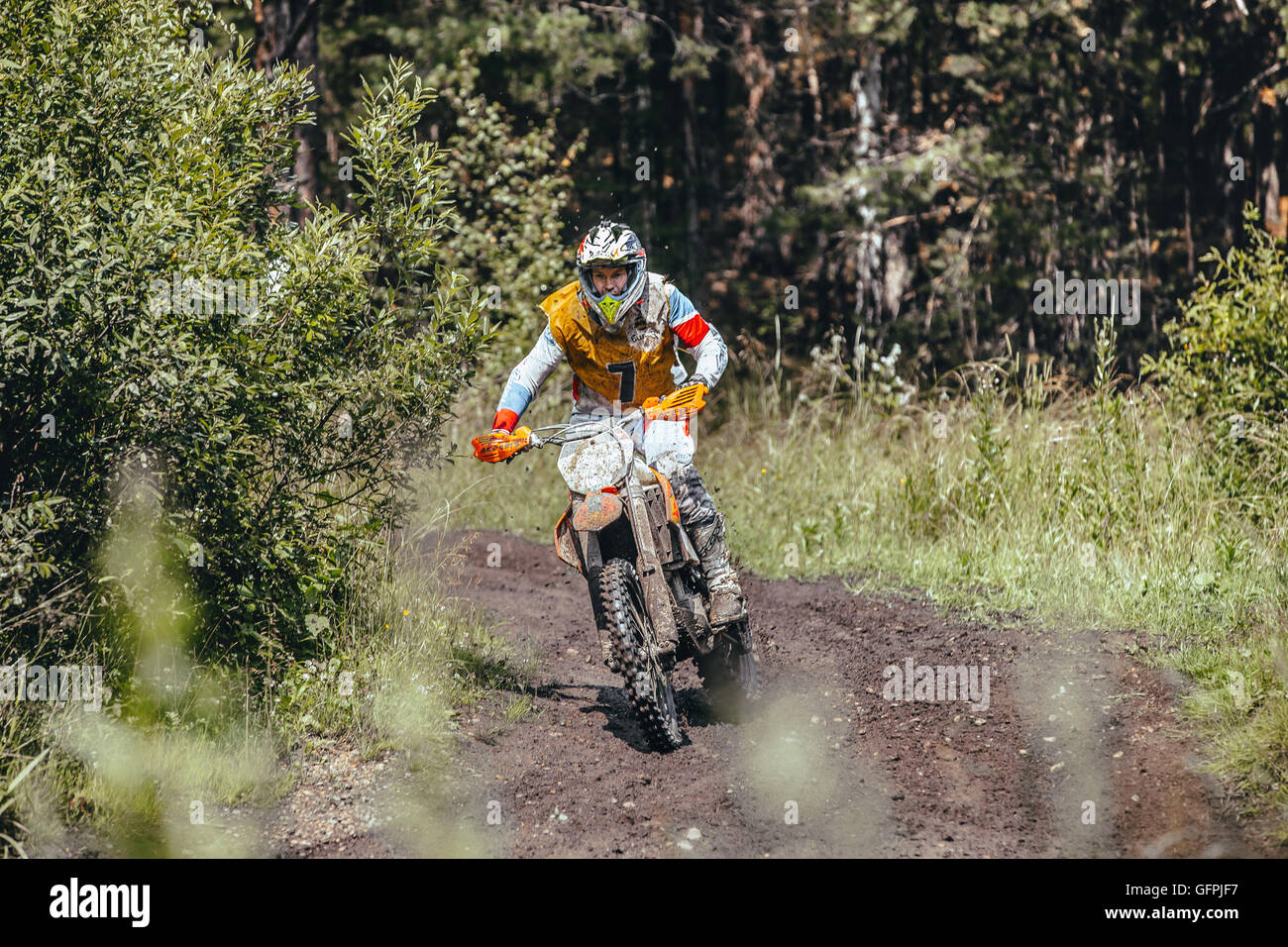 Racer auf einem Motorrad fährt auf einem Dirt-Track-Rennen im Wald während Ural Cup in Enduro Stockfoto