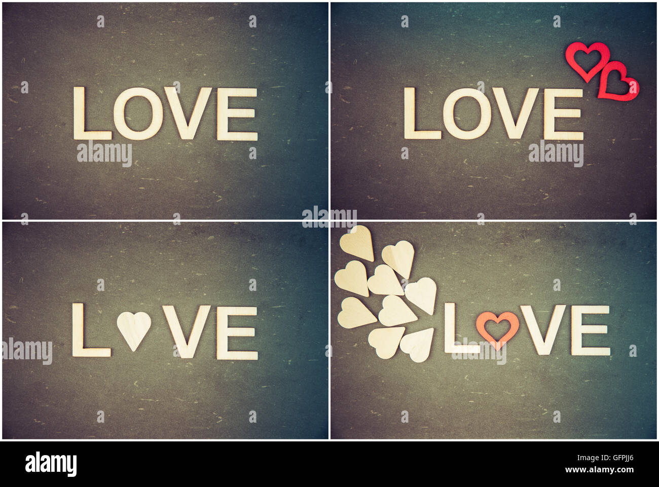 Foto Collage von Vintage Tafeln mit roten Herzen und Wort Liebe, Kreativität und Liebe Konzept Stockfoto