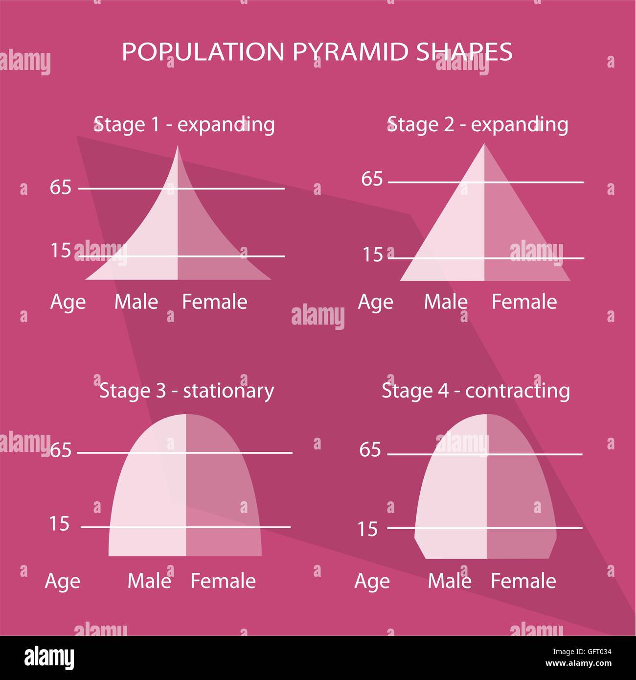 Bevölkerung und Demografie, Illustration-Satz von 4 Arten von Bevölkerung Pyramiden Diagramm oder Altersstruktur grafisch darstellen. Stock Vektor