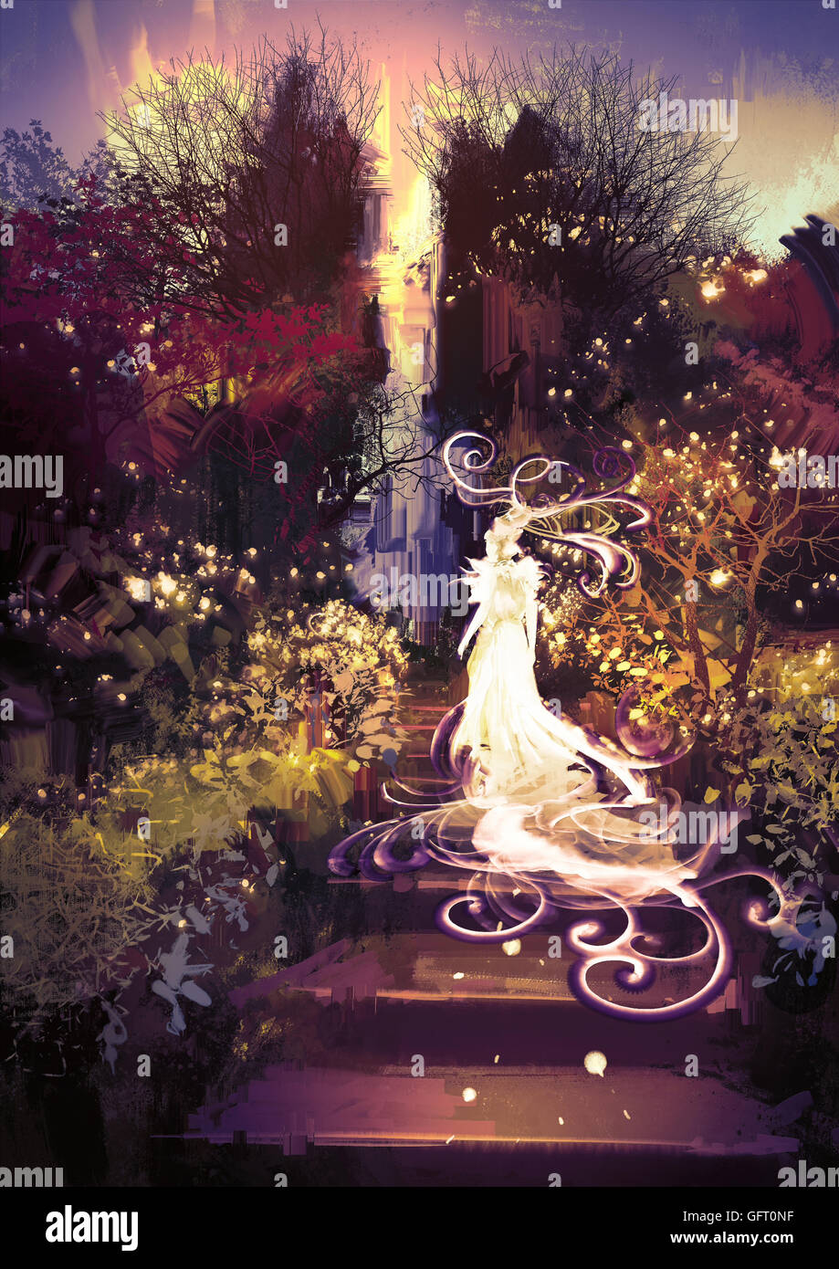 Fantasy-Landschaftsmalerei des wunderschönen Göttin die Treppe hinauf Stockfoto
