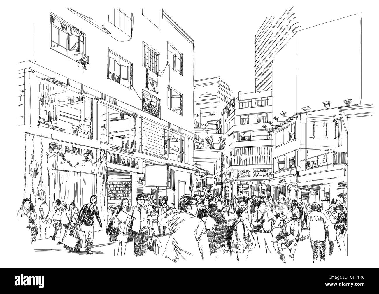 Skizze der Menschenmenge in Einkaufsstraße Stockfoto