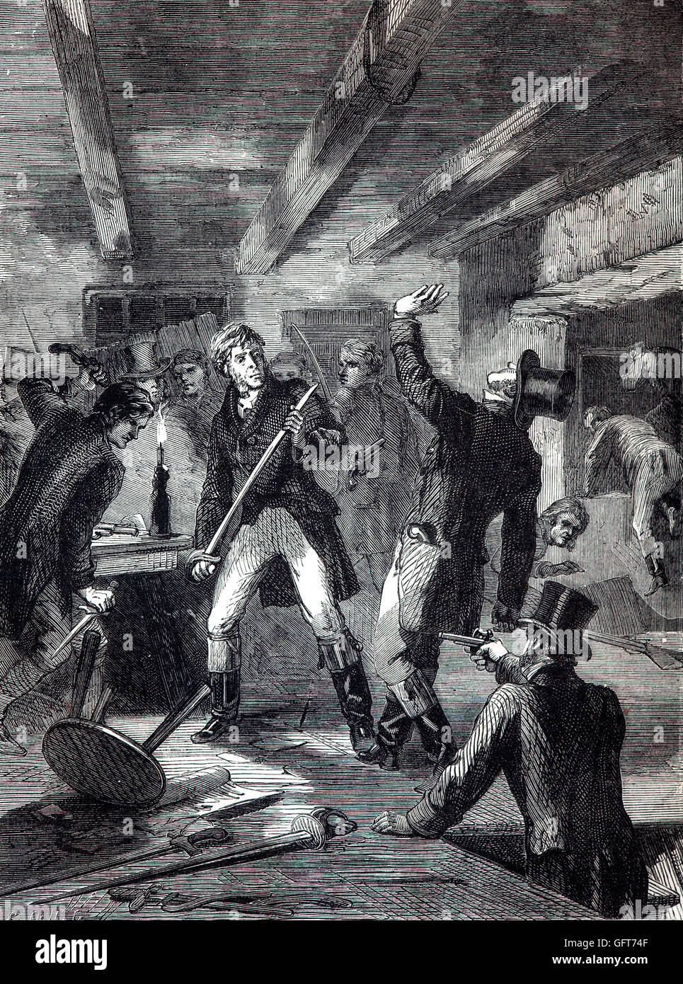 Die Cato Street Verschwörung war ein Versuch, die Briten zu ermorden Minister und Premierminister Lord Liverpool im Jahre 1820. Der Name kommt von der Treffpunkt in der Nähe von Edgware Road in London. Die Polizei hatte einen Spitzel und Plotter fiel in die abgebildete Polizei Falle und 13 wurden verhaftet, während ein Polizist getötet wurde. Fünf Verschwörer wurden hingerichtet, und fünf weitere wurden nach Australien transportiert. Stockfoto