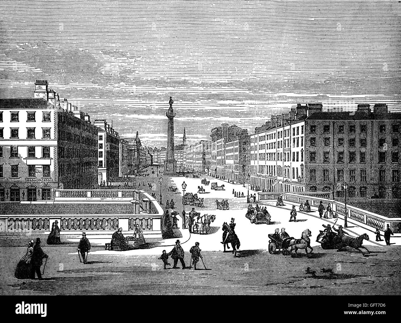 Eine frühe 19. Jahrhundert Blick auf die Carlisle Brücke und Sackville Street (später O' Connell Bridge und Street) über den Fluss Liffey in Dublin, Irland.  Nelson Säule, später von der IRA im Jahr 1966 gesprengt kann auch gesehen werden. Jetzt Standort für den Turm... Stockfoto