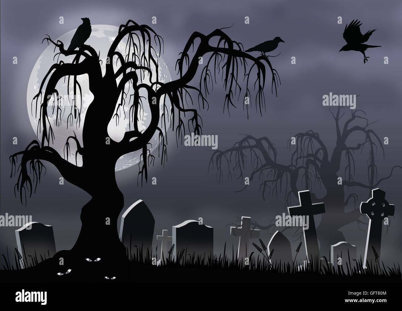 Schaurige Halloween-Szene von einem nebligen Friedhof, gruselige Baum und ominösen Krähen. Stock Vektor