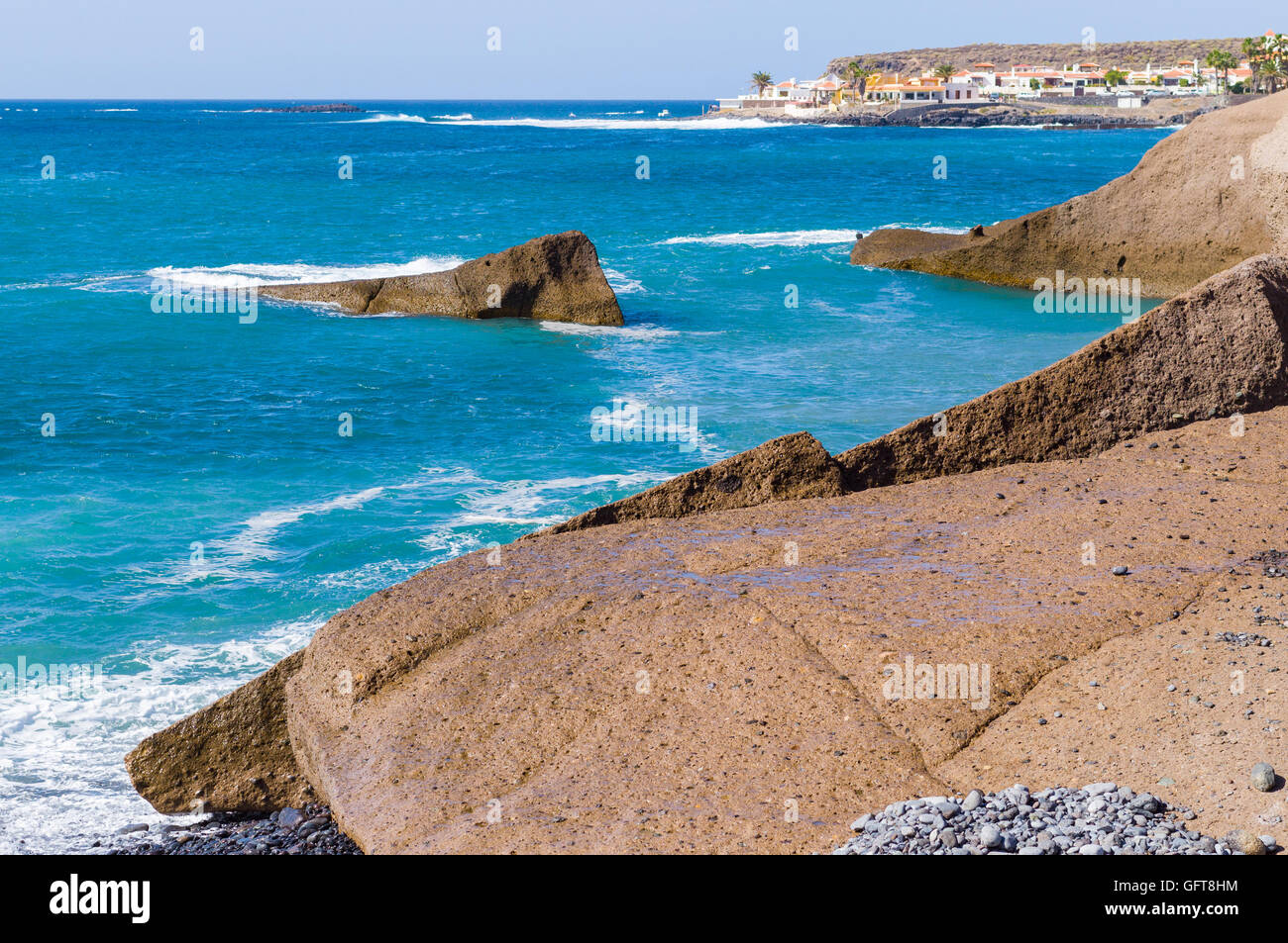 Resort malerische vulkanische felsigen Küste der Costa Adeje, Teneriffa, Kanarische Inseln, Spanien Stockfoto