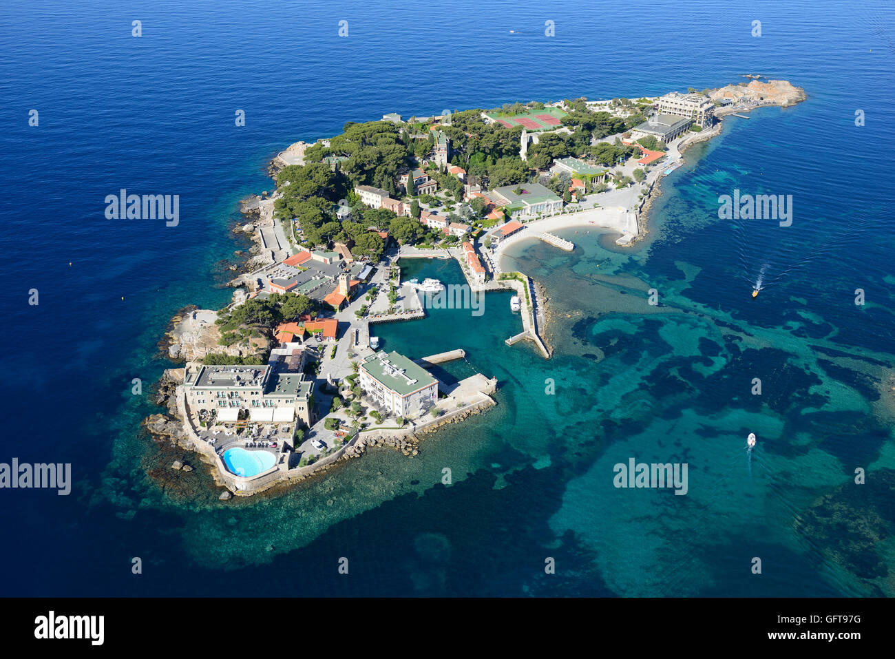 LUFTAUFNAHME. Bendor Island. Bandol, Var, Provence, Frankreich. Stockfoto