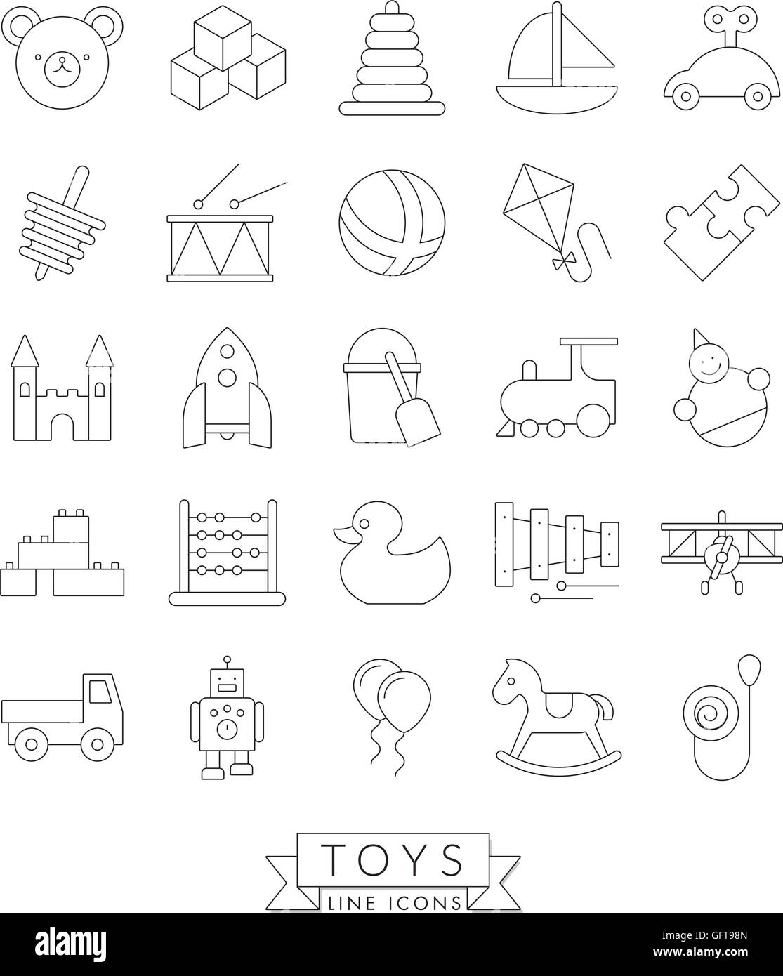 Set von 25 Kinder Spielzeug Icons, dünne Liniendesign Stock Vektor