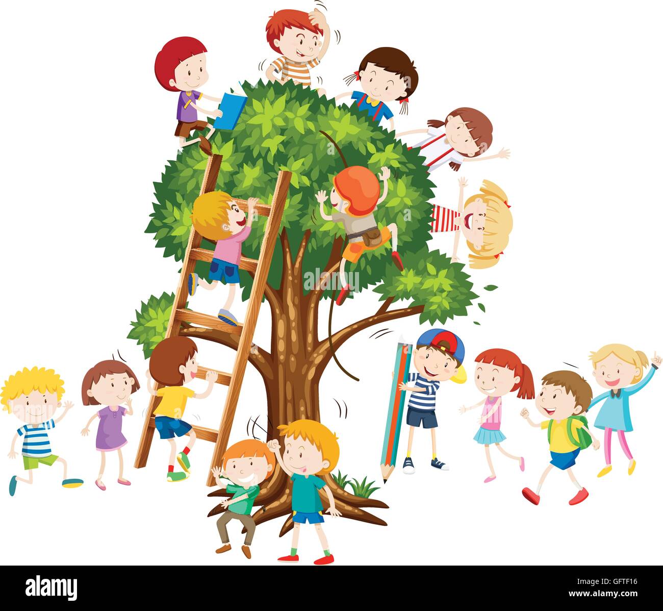 Kinder Klettern Auf Den Baum Darstellung Stock Vektorgrafik Alamy 