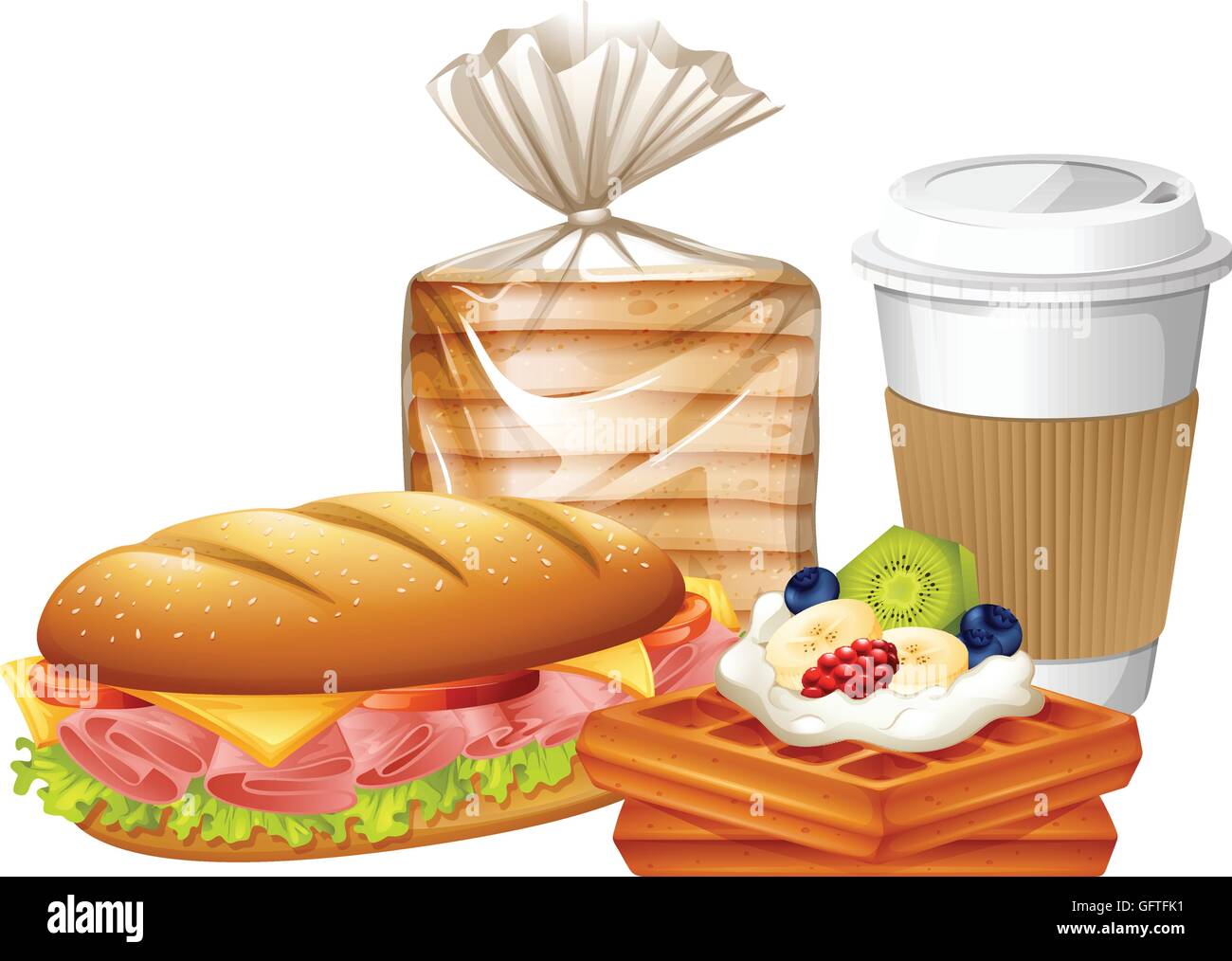 Frühstücksset mit Waffeln und Brot illustration Stock Vektor