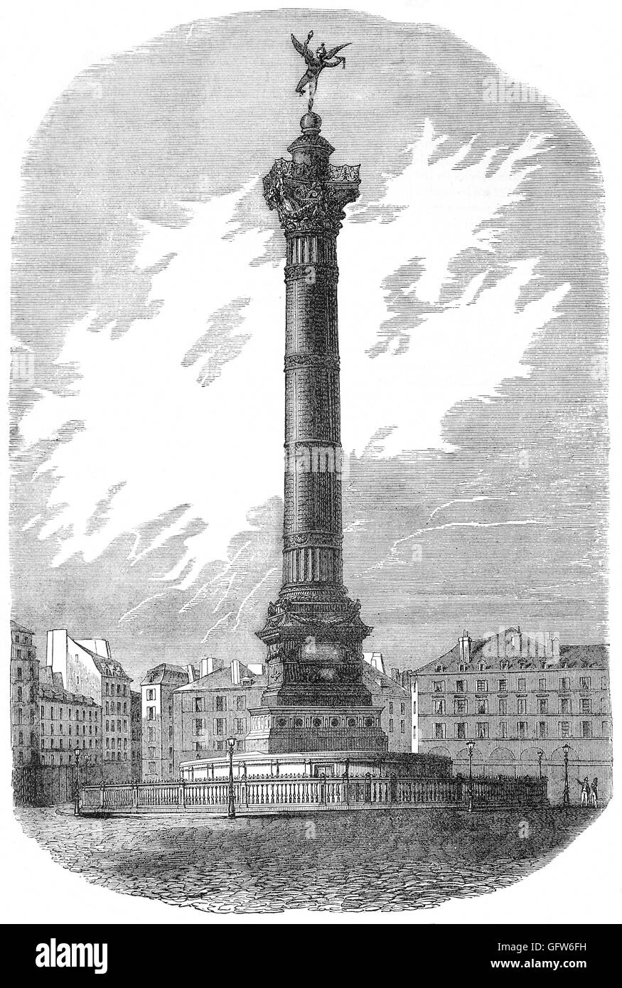 Die Juli-Spalte ist eine monumentale Spalte in Paris zum Gedenken an die Revolution von 1830. Es steht in der Mitte des Place De La Bastille und feiert die Trois Glorieuses – die "glorreichen drei" Tage von 27 bis 29 Juli 1830, die den Sturz von König Charles X von Frankreich und dem Beginn der Julimonarchie von Louis-Philippe, König der Franzosen sahen. Es wurde zwischen 1835 und 1840 erbaut. Stockfoto