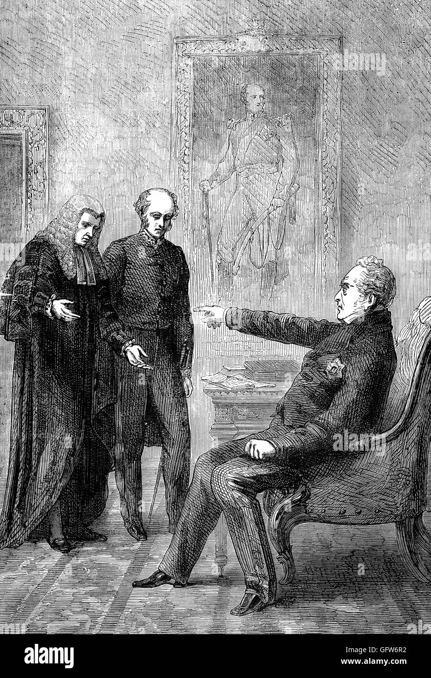 König William IV. Sitzung Premierminister Earl Grey und Lord Brougham nach der Ablehnung des zweiten Reform Bill vom Oberhaus im Oktober 1831 Stockfoto