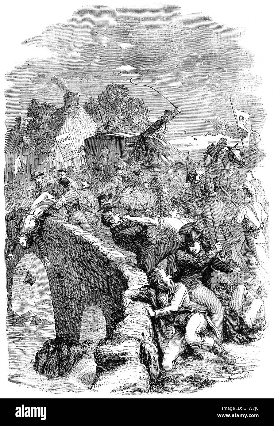 Hawick ist eine Stadt in der historischen Grafschaft Roxburghshire in den Osten südlichen Hochland von Schottland. Wenn die Stadt diese privilegierte Position zu verlieren drohte, führte Mob Ausschreitungen bei Kommunalwahlen im Jahre 1835 ein Tod ein Graf von Übergriffen. Tories in der Teviot geworfen wurden und Menschen wurden einfach vor den Augen der Hawick-Bailies (die Wahlen in der Stadt überwacht) zusammengeschlagen. Stockfoto