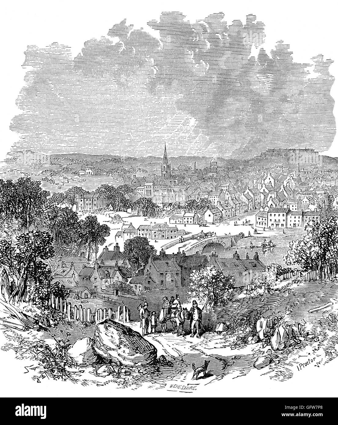 19. Jahrhundert Blick auf die Stadt Armagh, Kreisstadt der Grafschaft Armagh in Nordirland sowie eine Zivilgemeinde. Es ist die kirchliche Hauptstadt Irlands – der Sitz der Erzbischöfe von Armagh, die Primaten von ganz Irland für die römisch-katholische Kirche und die Kirche von Irland. Stockfoto