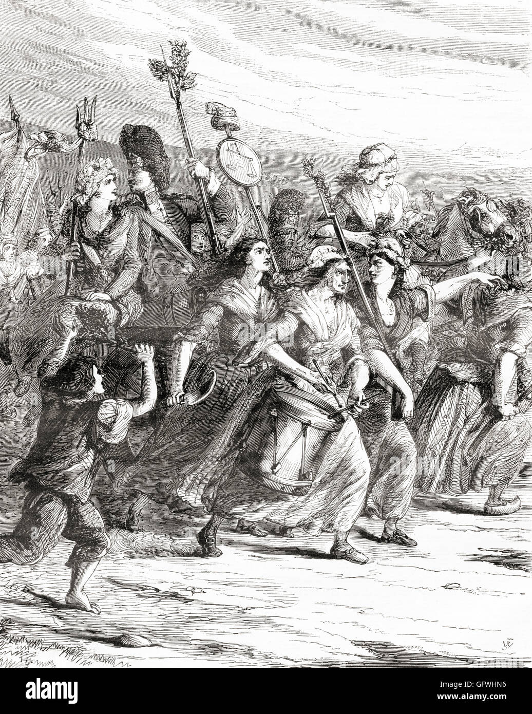 März der Poissardes oder Marktfrauen nach Versailles am 5. Oktober 1789 während der französischen Revolution, auf Nachfrage Brot und Gerechtigkeit. Stockfoto