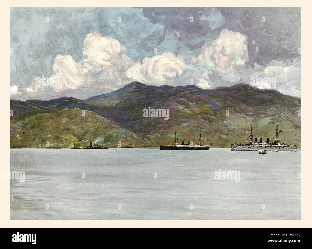 Kriegsschiffe der Küste in der Nähe von Santiago De Cuba, 3. Juni 1898 während des Spanisch-Amerikanischen Krieges. Nach der Zeichnung von Carlton T. Chapman. Stockfoto