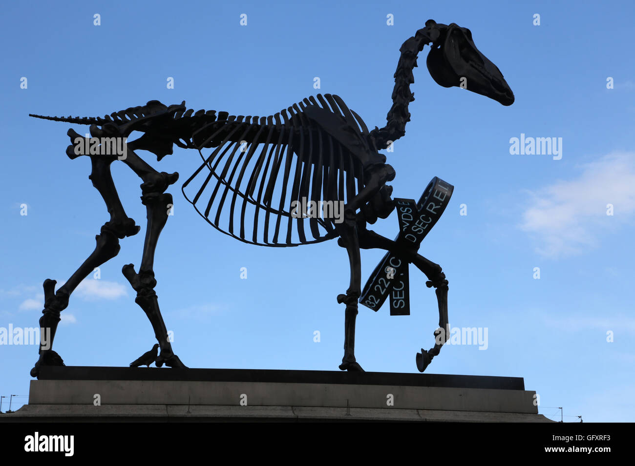 London England Trafalgar Square Kunstwerk auf die vierte Plinthe geschenkten Gaul vom Künstler Hans Haacke Skulptur ein Skelettpferd mit Stockfoto
