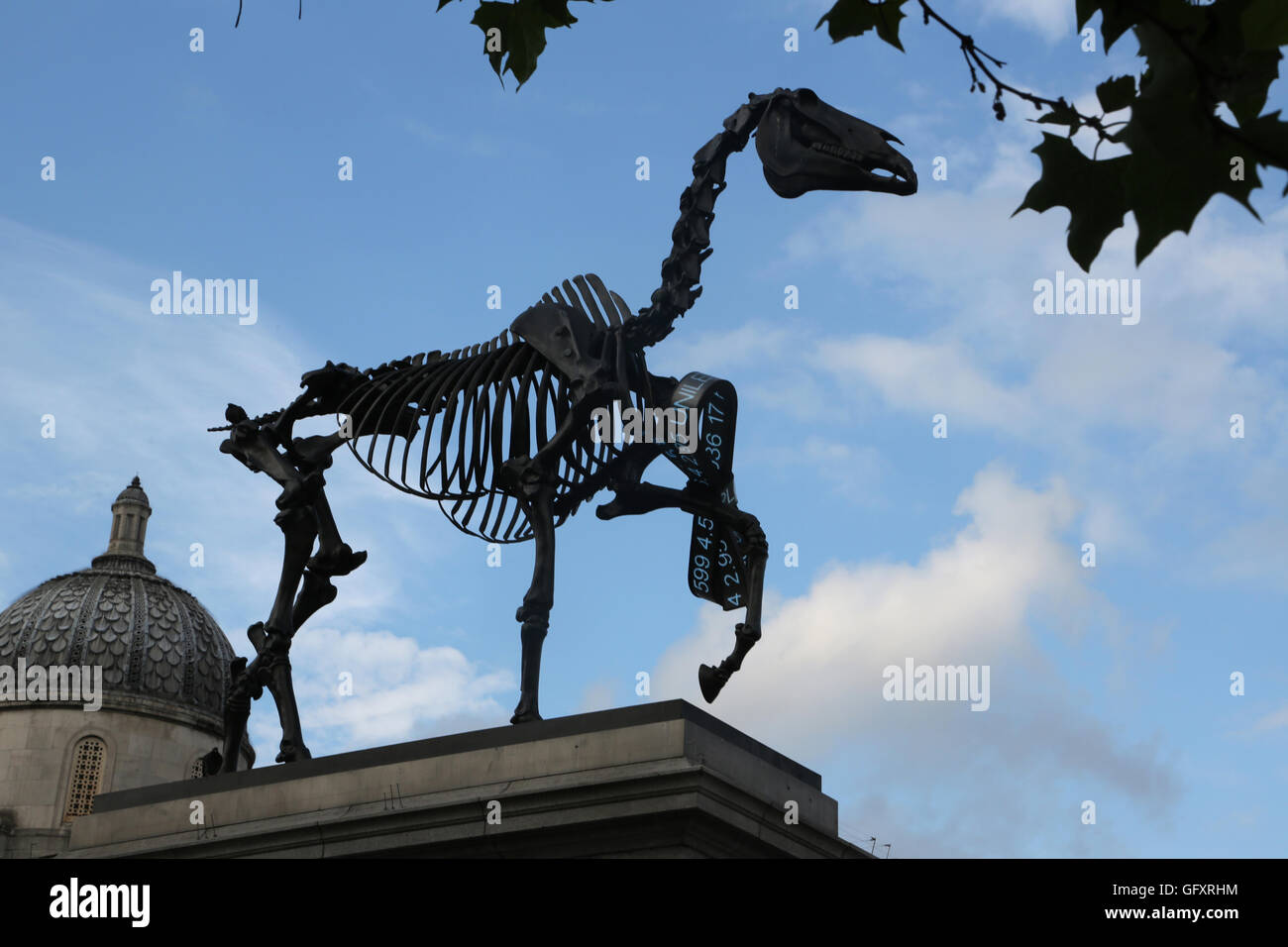 London England Trafalgar Square Kunstwerk auf die vierte Plinthe geschenkten Gaul vom Künstler Hans Haacke Skulptur ein Skelettpferd mit Stockfoto