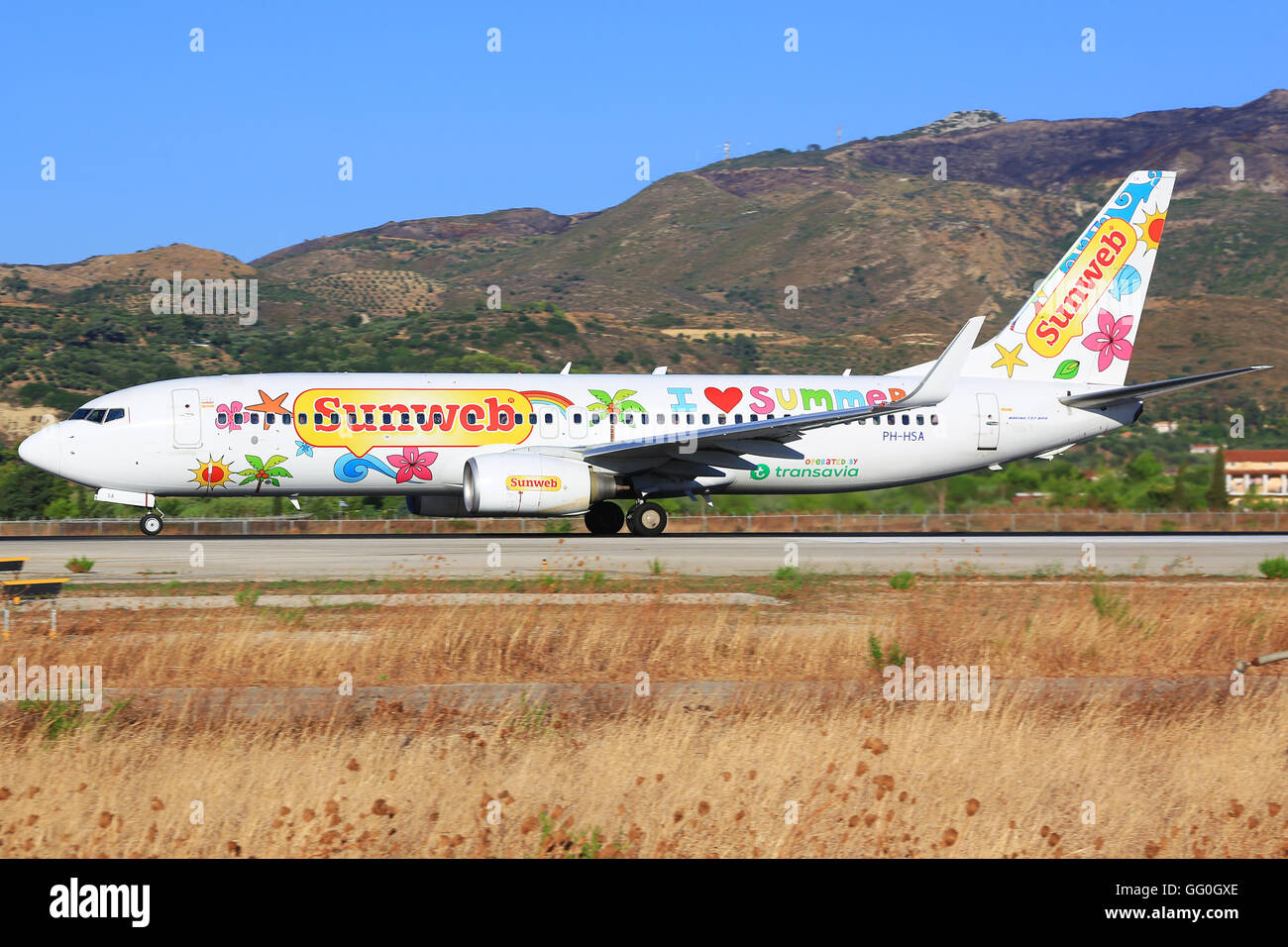 Zakynthos/Griechenland 3. August 2015: Boeing 737 von Transavia auf Zakynthos Flughafen. Stockfoto