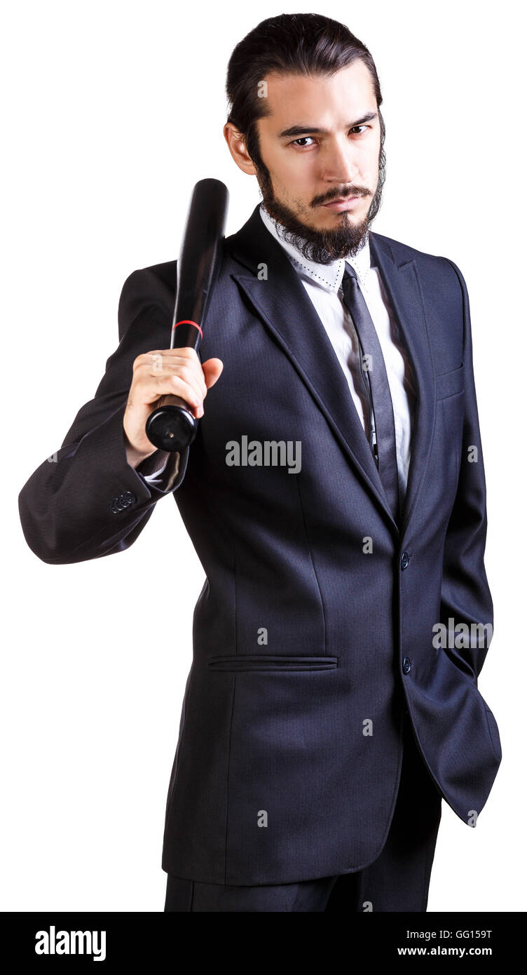 Bussinessman im Anzug mit Baseballschläger Stockfoto