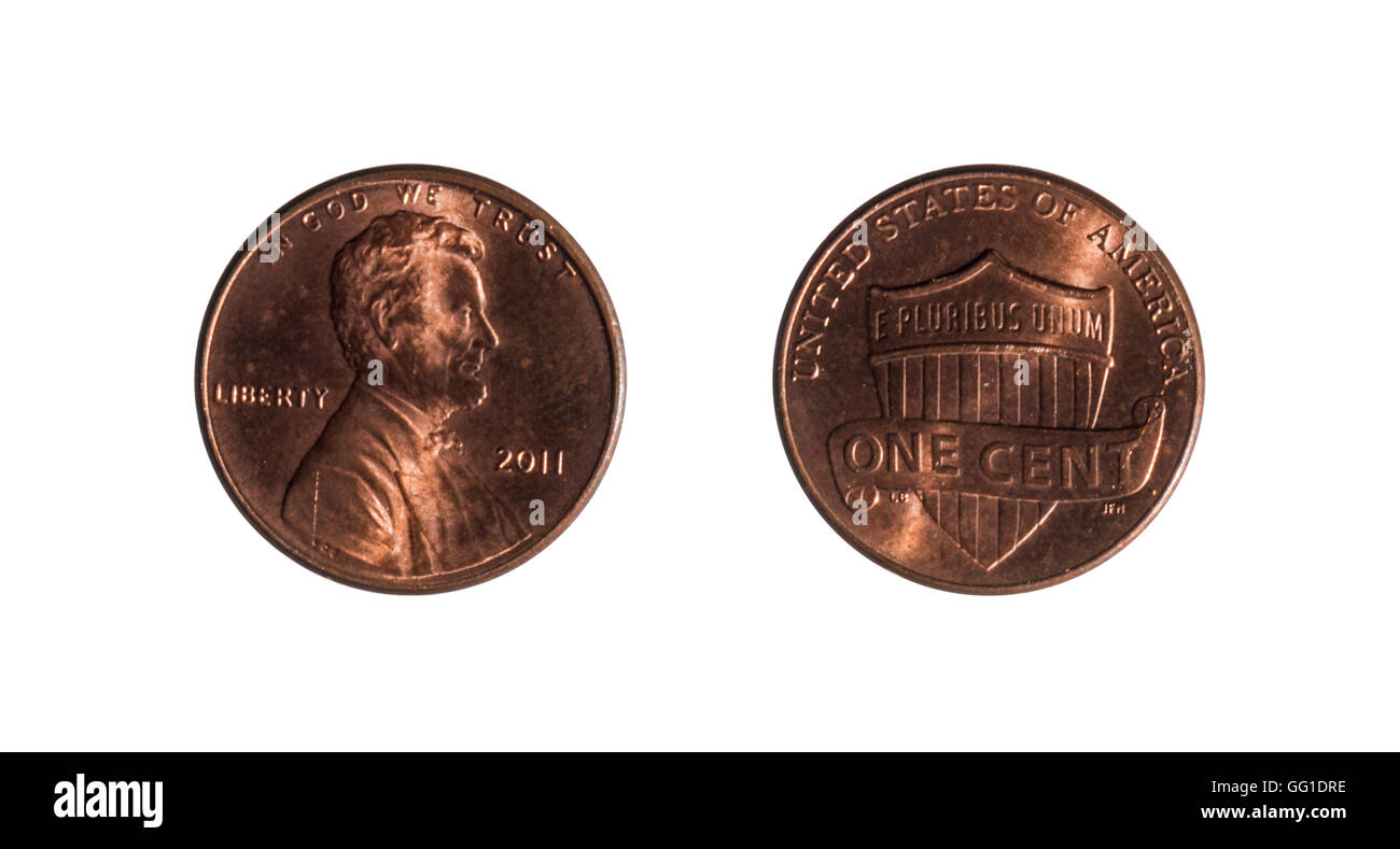 Vorder- und Rückseite des Cent gegenüber dem Dollar auf weißem Hintergrund Stockfoto