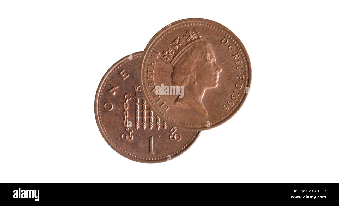 Gesicht und Rückseite einer Münze 1 Cent Münze auf weißem Hintergrund Stockfoto