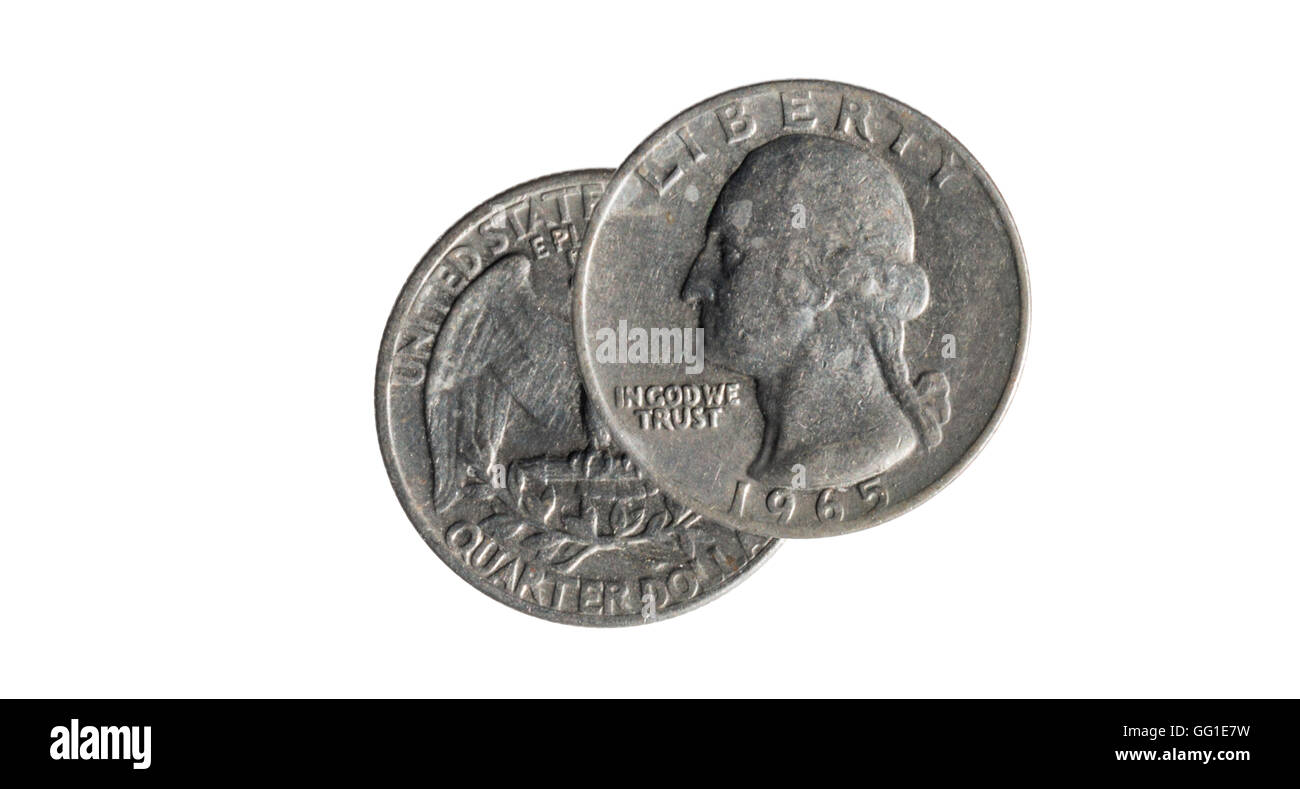 Gesicht und Rückseite einer Münze des Viertel-Dollar-Münze auf weißem Hintergrund Stockfoto