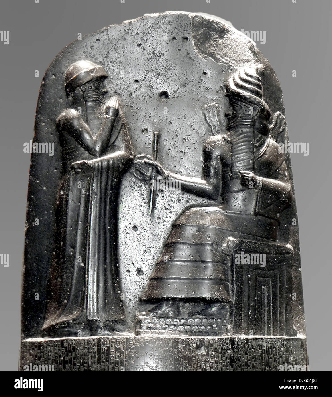 2860. CODE VON HAMMURABI - BABYLON, SUSA (IRAN), 1750 V. CHR. AUF DIE OBERSEITE DES SCHWARZEN DIORIT STELE IST DEN KÖNIG ABGEBILDET STEHEND Stockfoto
