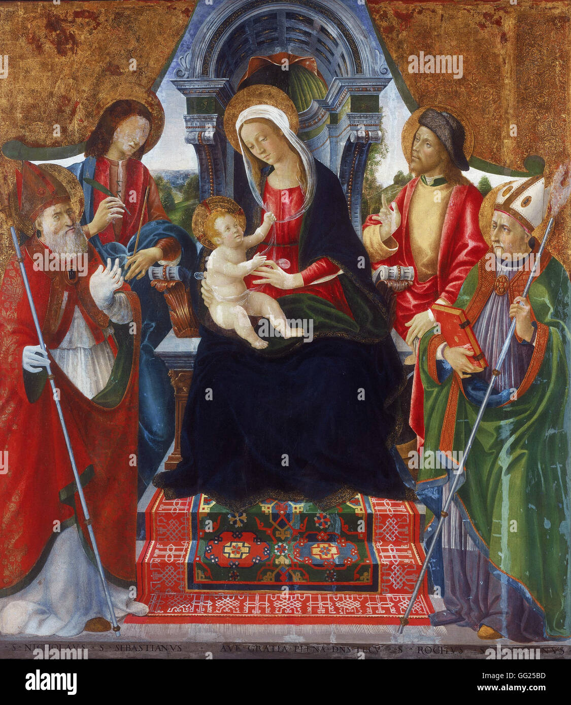 Lucchese Schule Ende des 15. Jahrhunderts - Jungfrau und Kind mit Heiligen Nikolaus, Sebastian, Rochus und Martin Stockfoto