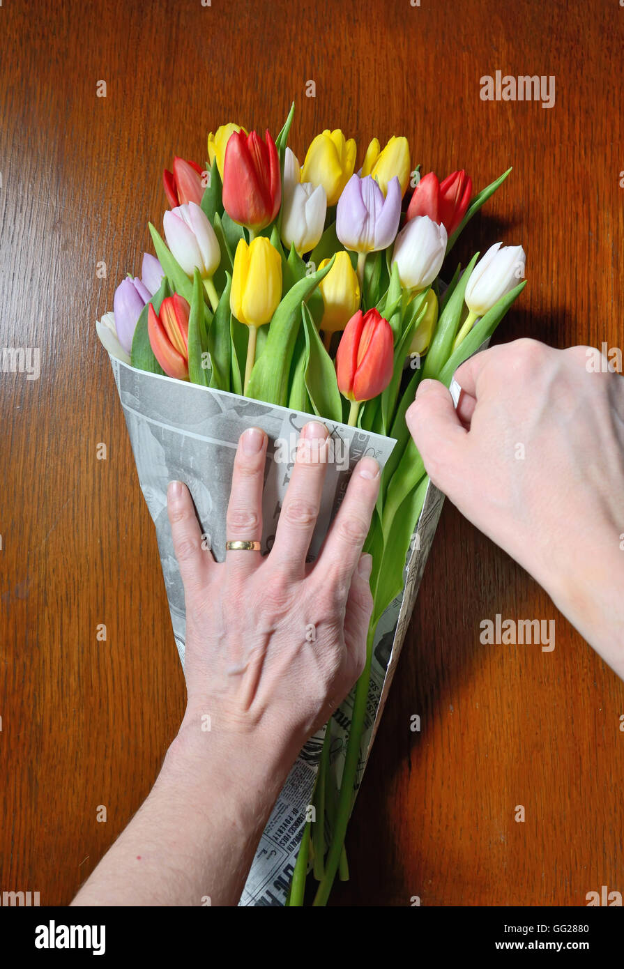 Hand hält einen Strauß Tulpen in das Packpapier Stockfoto