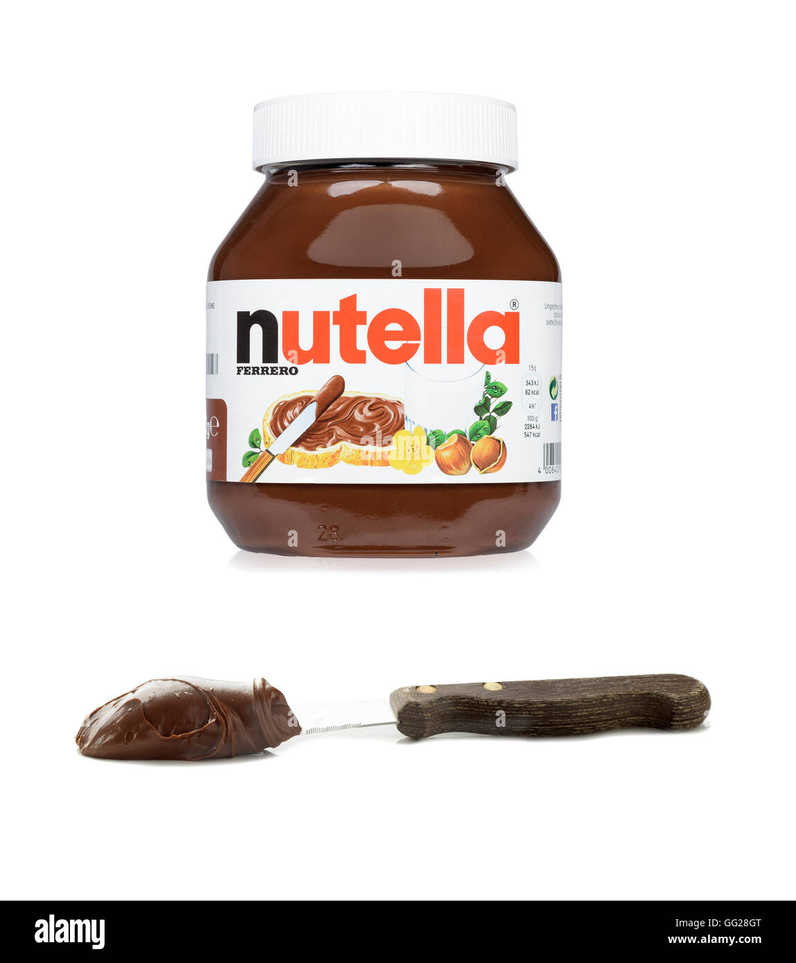 Nutella-Glas mit verbreiten über Messer Stockfoto