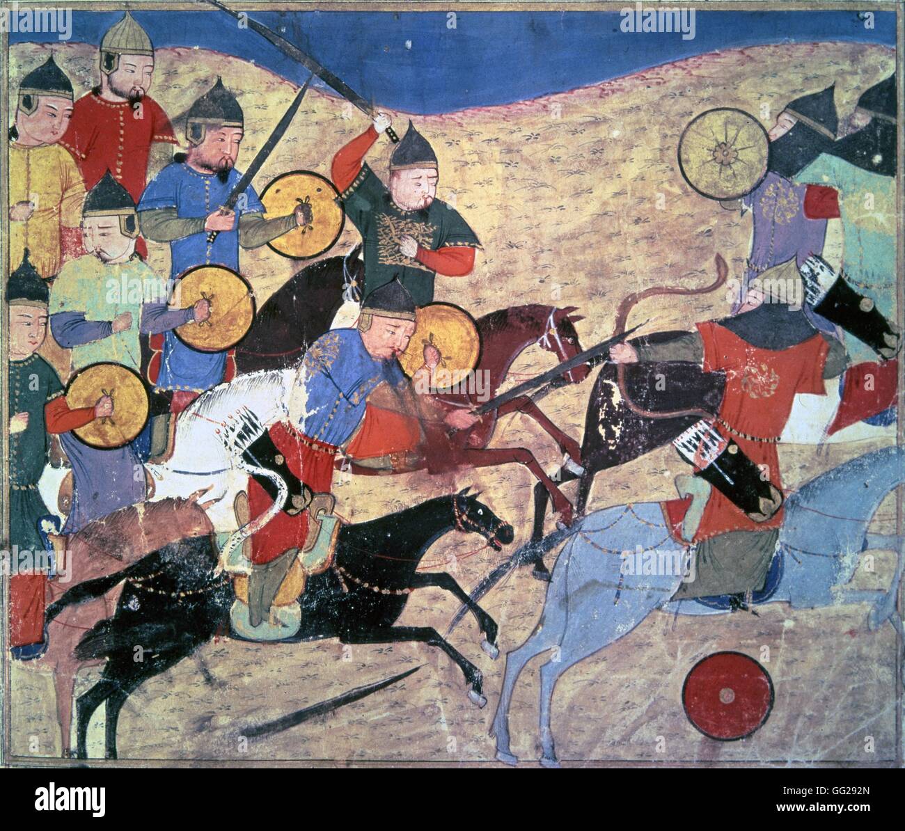 Rashid Al-Din (1247-1318) Guerriers Mongolen Miniatur du Jami al-Tawarikh (Histoire Universelle). 14e Siècle Paris, Bilbiothèque Nationale Stockfoto
