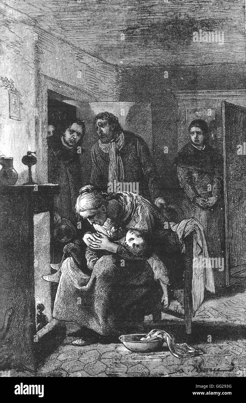 Adrien-Emmanuel Marie (1848-1891) Gravur: "das Kind wurde zweimal in den Kopf geschossen" in "La République Illustrée", 26. Februar 1881 Paris, Maison de Victor Hugo Stockfoto