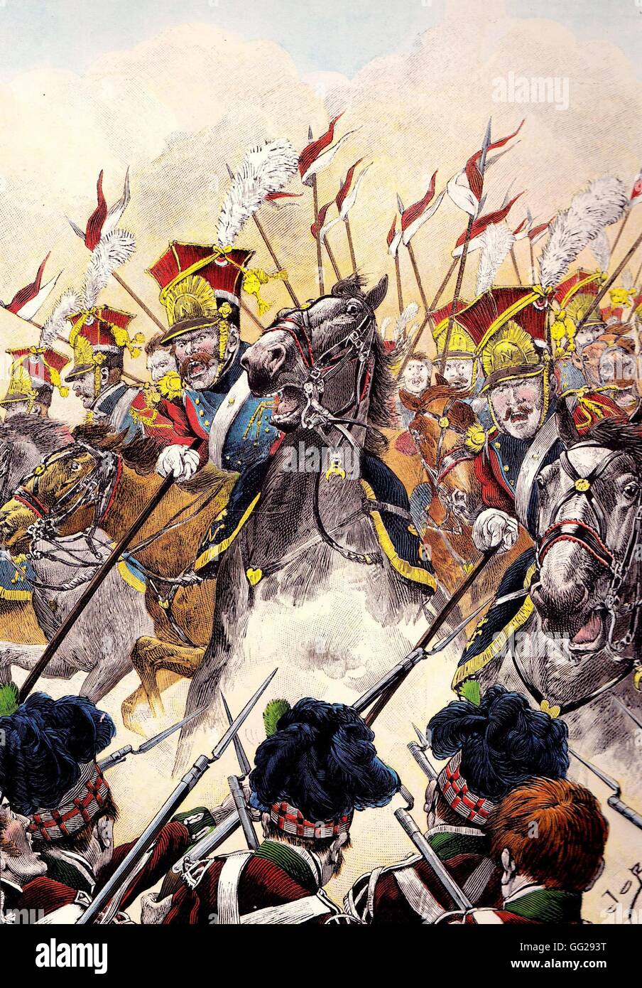 Angriff der das 2. Regiment der leichten Kavallerie Lanzenreiter der kaiserlichen Garde in der Schlacht von Waterloo am 18. Juni 1815. Privatsammlung Stockfoto