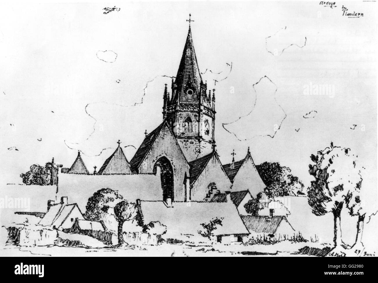 Zeichnung von Adolf Hitler: Dorf in Flandern Sommer 1917 Deutschland Stockfoto