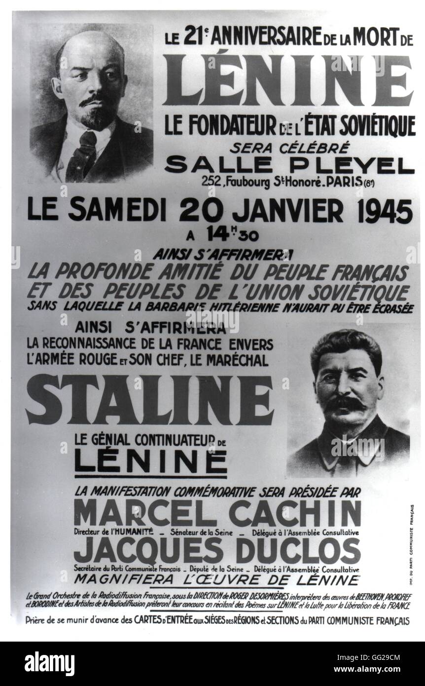 Poster von der französischen kommunistischen Partei kündigt ein Treffen für den 21. Jahrestag der Lenins Tod 20. Januar 1945 U.S.S.R. Stockfoto