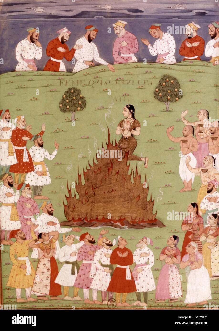 Indische Miniatur. Der Radja Widown lebendig auf dem Scheiterhaufen verbrannt. 16. Jahrhundert Indien Paris. Bibliothèque Nationale Stockfoto