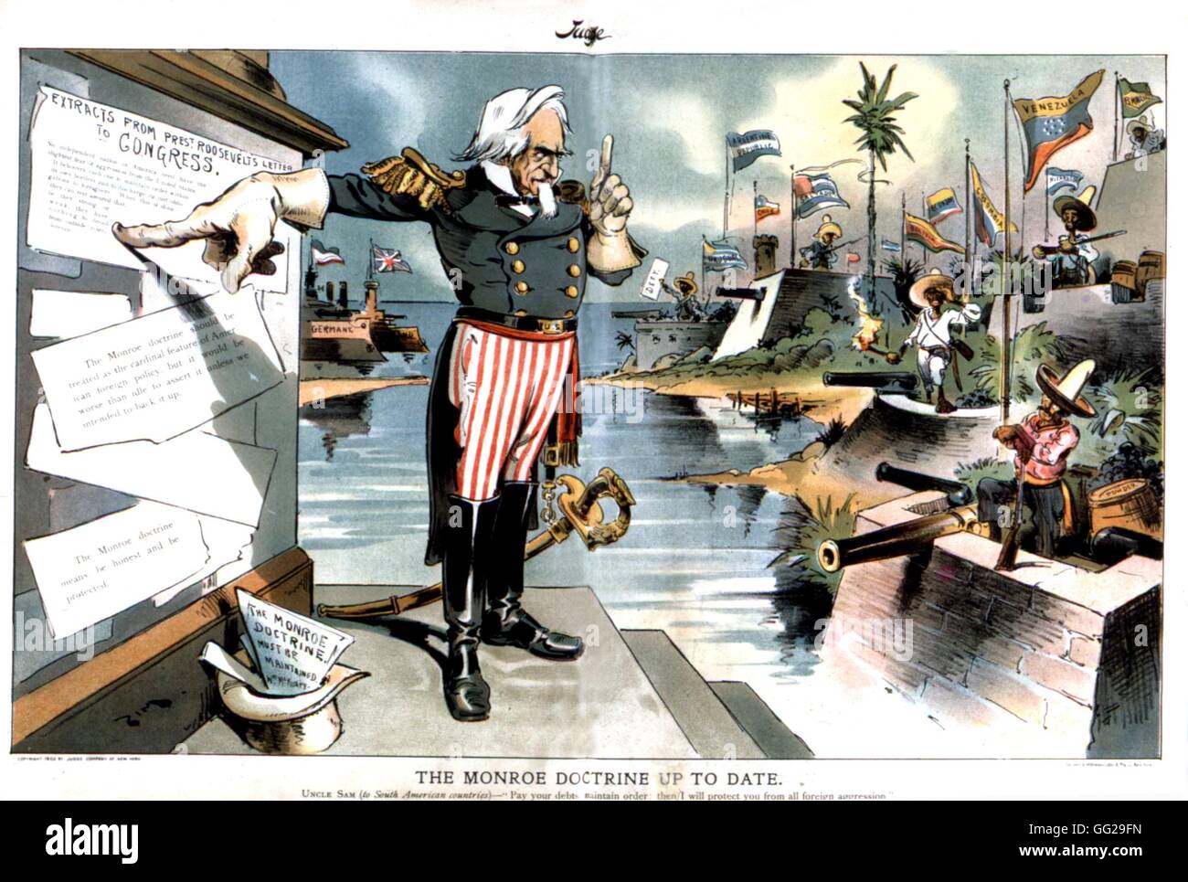 Satirische Cartoon im "Richter": die Monroe-Doktrin angewandt in Latein Amerika unter bestimmten Bedingungen Januar 1903 USA Washington. Library of Congress Stockfoto