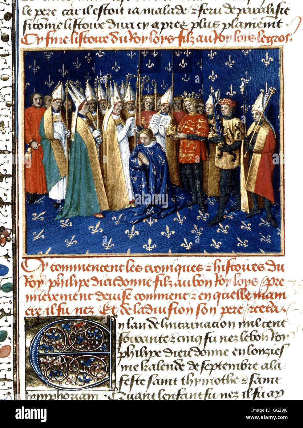 Miniatur von Jean Fouquet. Chroniken von Saint-Denis. Corornation von Philip Augustus in der Kathedrale von Reims, in Anwesenheit der Herzog der Normandie, Sohn von Henri II König von England (November ich 1179) 15. Jahrhundert in Paris. Bibliothèque nationale Stockfoto