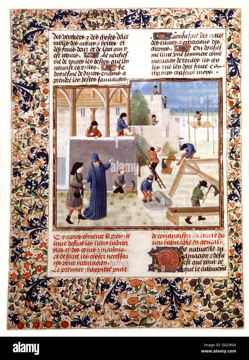 Miniatur von Pierre de Crescens, in "The Book of ländlichen Aufgaben" Arbeiter, Maurer, Tischler. Abhandlung der Landwirtschaft in den Anfang des 14. Jahrhunderts geschrieben. Kopie für Antoine le Grand, Sohn von Philippe le Bon. Manuskript, 15. Jahrhundert Stockfoto