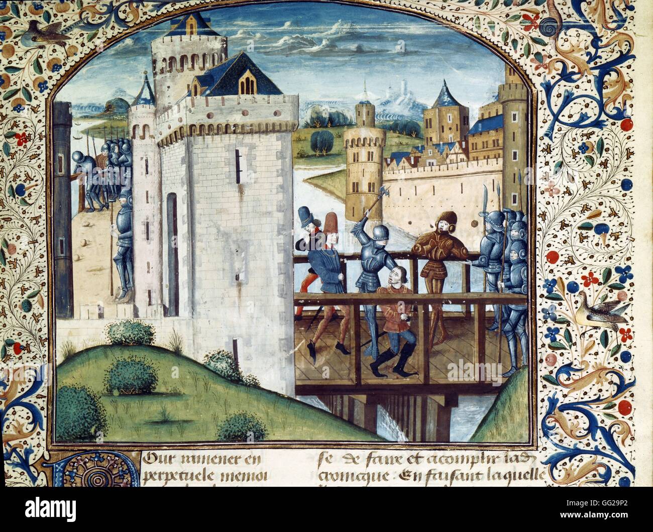 Hundert Jahre Krieg Konflikt zwischen Armagnacs (die Partisanen von Charles d'Orléans) und Burgunder. Ermordung von Johann Ohnefurcht 1419 auf der Montéreau-Brücke, durch die Ratgeber der französischen Dauphin 15. Jahrhundert Stockfoto