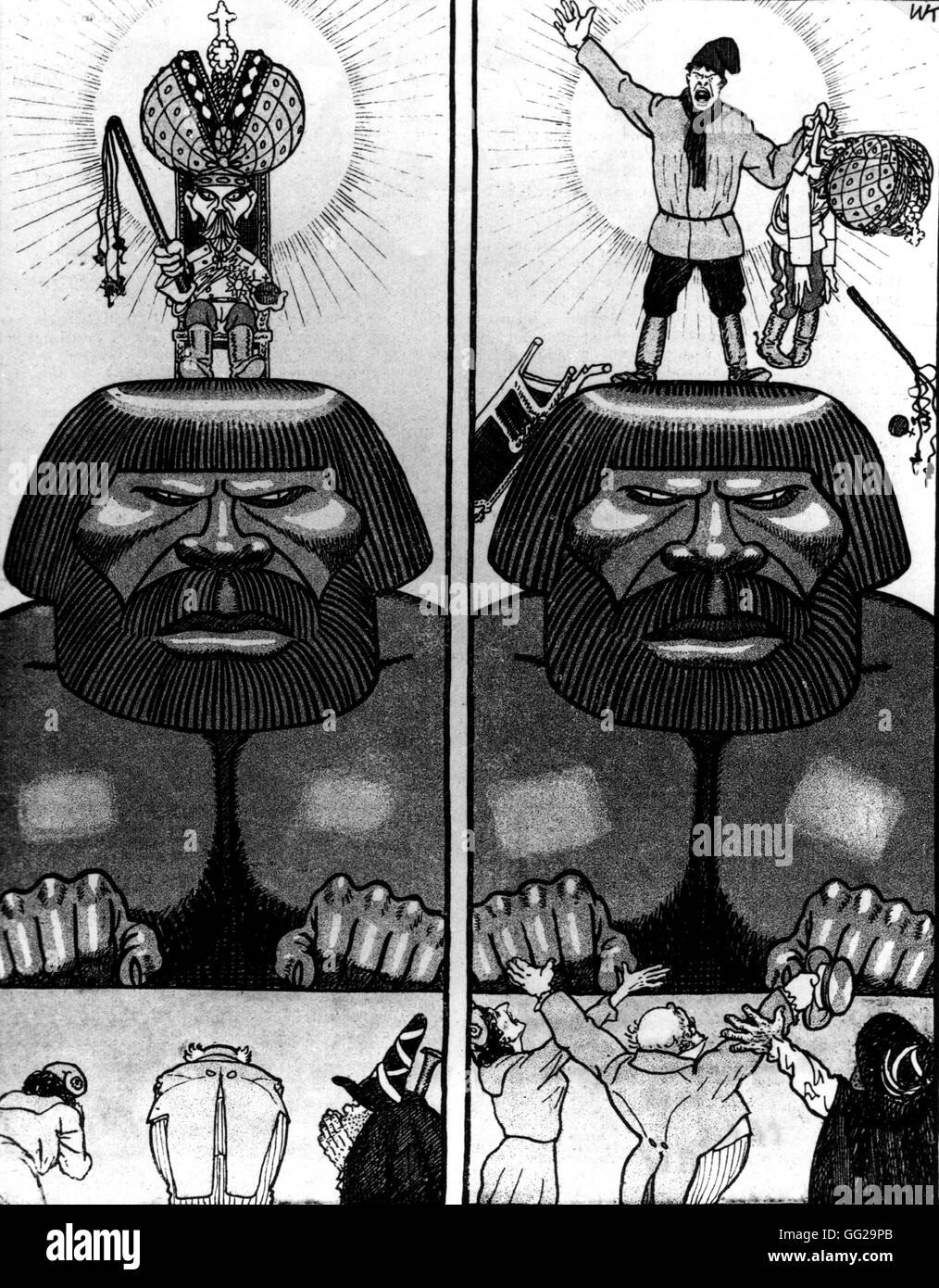 Deutsche satirische Cartoon über die russische Revolution. "Die gestrige und heutige Idol. Czarism gerettet, jetzt haben sie es verworfen "Sowjetunion 1917 Stockfoto