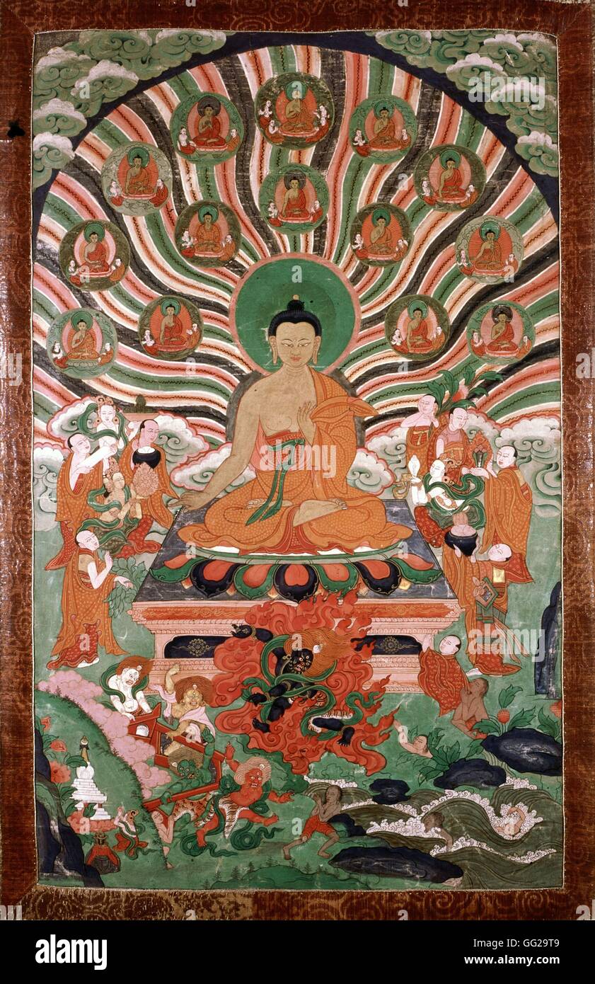 Leinwand Malerei: The Sravasti Wunder aus dem 18. Jahrhundert Tibet Paris Musée Guimet Stockfoto