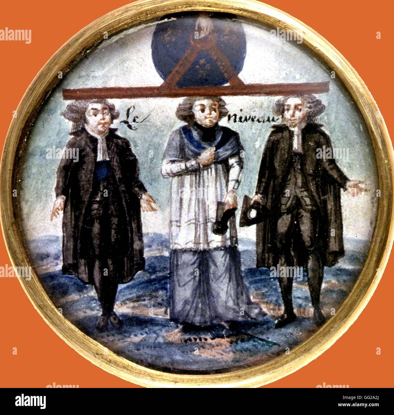 Farbige revolutionär print. Allegorie auf das dritte Anwesen, Gleichheit der drei Aufträge aus dem 18. Jahrhundert Frankreich, französische Revolution von 1789 Stockfoto