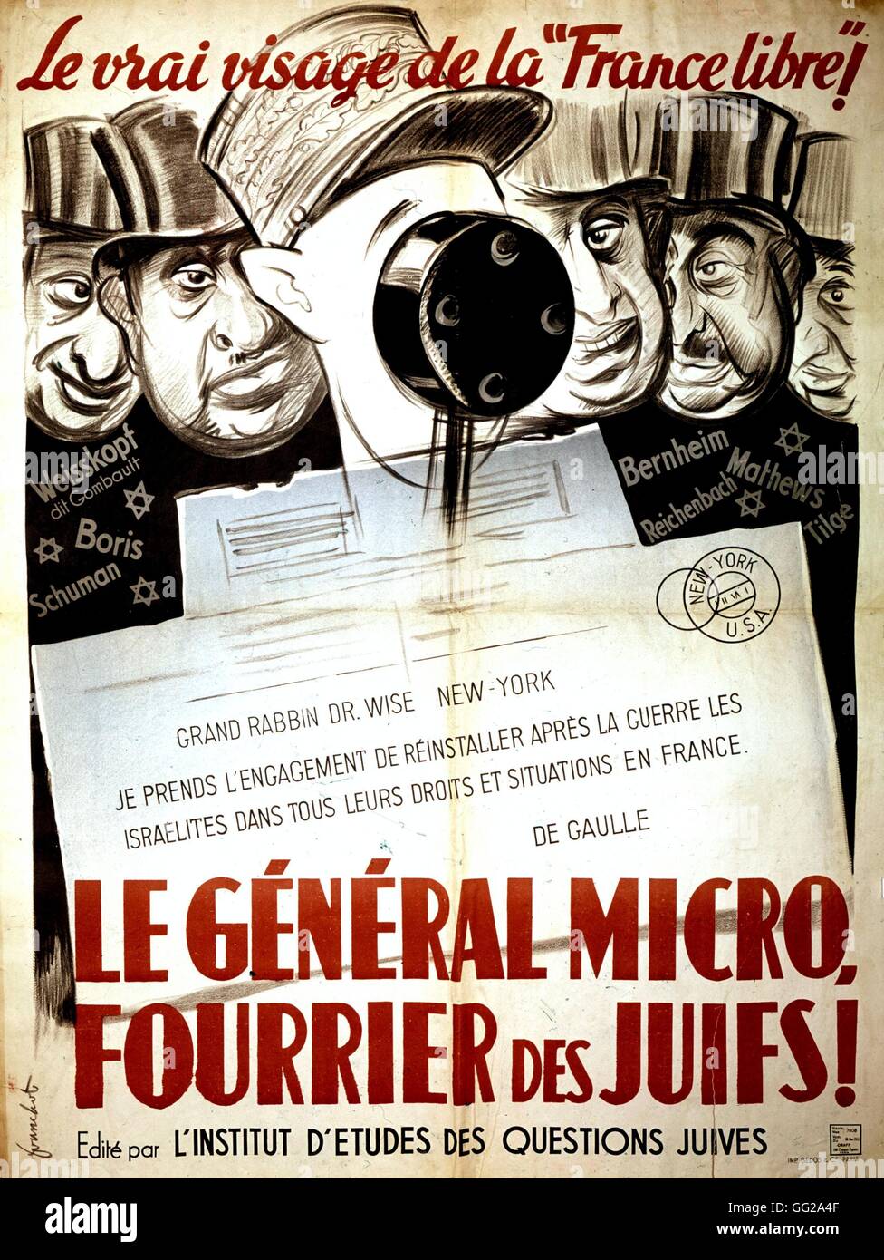 ZWEITEN Weltkrieges anti-Semitic Propaganda Poster General de Gaulle und "Radio Londres" werden dargestellt, als ob sie von den Juden gehalten wurden. Bibliothèque De La Ville de Paris Stockfoto